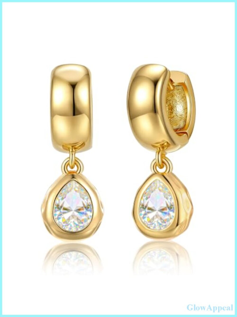 Chunky Gold Plated Hoop Drop Earrings, Cubic Zirconia Teardrop Dangle, 14K Gold